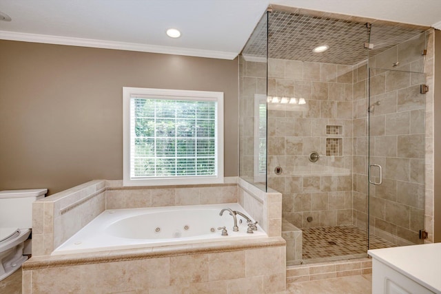 2288 William Few Pkwy, Evans, GA 30809 - full bath featuring toilet, a tub with jets, a shower stall, ornamental molding, and vanity