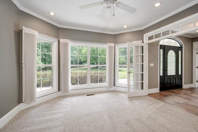 2288 William Few Pkwy, Evans, GA 30809 - tiled entryway featuring recessed lighting, baseboards, carpet flooring, a ceiling fan, and crown molding