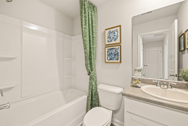 full bathroom featuring vanity, toilet, and shower / bathtub combination with curtain