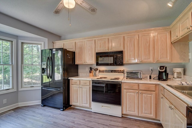 kitchen featuring sink, light hardwood / wood-style flooring, ceiling fan, black appliances, and a textured ceiling