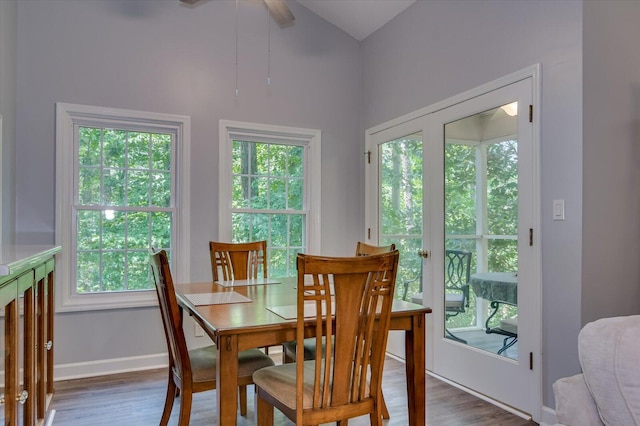 dining space with a wealth of natural light, dark hardwood / wood-style floors, and ceiling fan