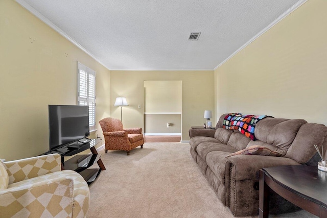 living room with a textured ceiling, light colored carpet, and ornamental molding