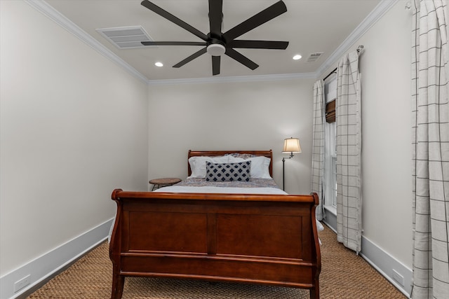 bedroom with ceiling fan, ornamental molding, and carpet