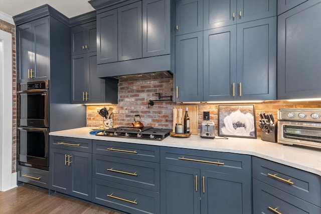 kitchen with tasteful backsplash, appliances with stainless steel finishes, blue cabinetry, and dark hardwood / wood-style flooring