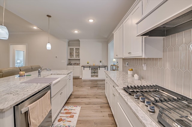 8073 Crossbow Lndg, Graniteville, SC 29829 - kitchen featuring stainless steel appliances, premium range hood, white cabinetry, light wood finished floors, and crown molding