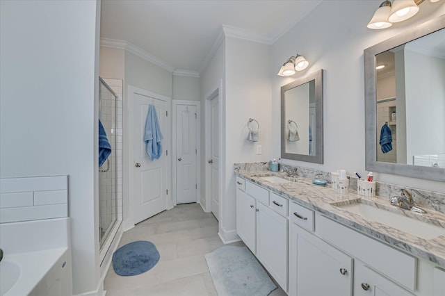 8073 Crossbow Lndg, Graniteville, SC 29829 - full bathroom with ornamental molding, a shower stall, double vanity, baseboards, and a tub