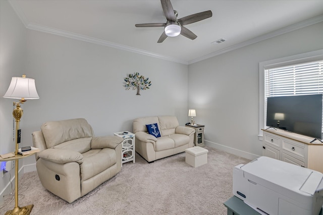 8073 Crossbow Lndg, Graniteville, SC 29829 - living area featuring ornamental molding, ceiling fan, light colored carpet, and baseboards