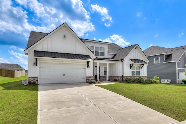 8073 Crossbow Lndg, Graniteville, SC 29829 - modern farmhouse featuring board and batten siding, brick siding, driveway, a standing seam roof, and roof with shingles