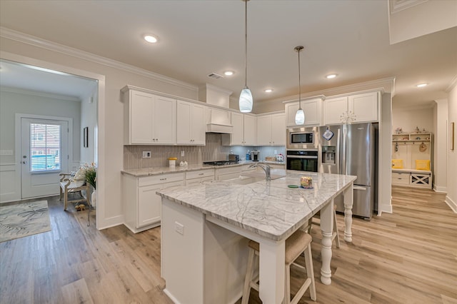 8073 Crossbow Lndg, Graniteville, SC 29829 - kitchen with stainless steel appliances, crown molding, light wood-type flooring, white cabinets, and recessed lighting