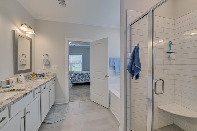 8073 Crossbow Lndg, Graniteville, SC 29829 - full bathroom with ornamental molding, a shower stall, tile patterned floors, double vanity, and ensuite bath