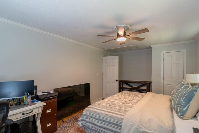 2700 Summit Ridge Rd, Evans, GA 30809 - bedroom with wood finished floors, ornamental molding, ceiling fan, attic access, and an office area