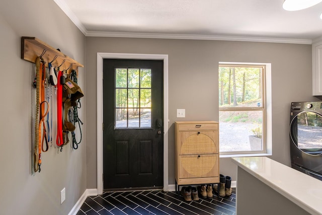 2700 Summit Ridge Rd, Evans, GA 30809 - foyer entrance with washer / clothes dryer, healthy amount of natural light, crown molding, and dark tile patterned floors