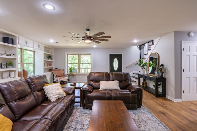 2700 Summit Ridge Rd, Evans, GA 30809 - living room featuring a ceiling fan, stairs, wood finished floors, and recessed lighting
