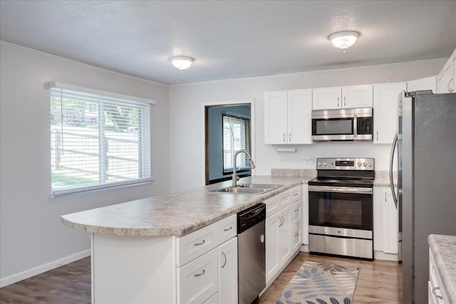 kitchen with stainless steel appliances, a wealth of natural light, a sink, and a peninsula