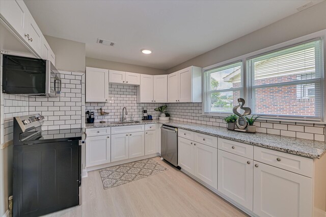 415 Aiken St, Augusta, GA 30901 - kitchen with appliances with stainless steel finishes, a sink, white cabinetry, light wood-style flooring, and recessed lighting