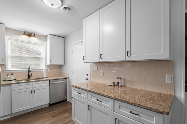 kitchen featuring a sink, dark wood-type flooring, tasteful backsplash, white cabinetry, and stainless steel dishwasher
