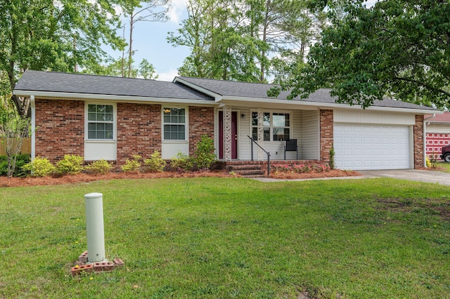 ranch-style home with a garage, brick siding, a front yard, and concrete driveway