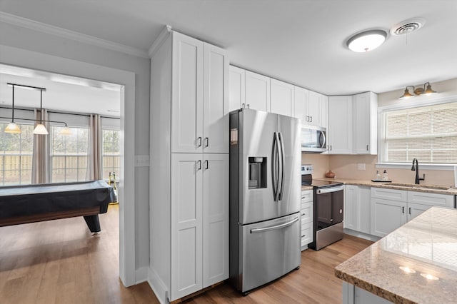 kitchen featuring white cabinetry, a sink, appliances with stainless steel finishes, and plenty of natural light