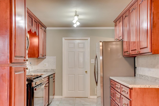 3515 Potomac Dr, Augusta, GA 30906 - kitchen featuring appliances with stainless steel finishes, a sink, backsplash, light countertops, and crown molding