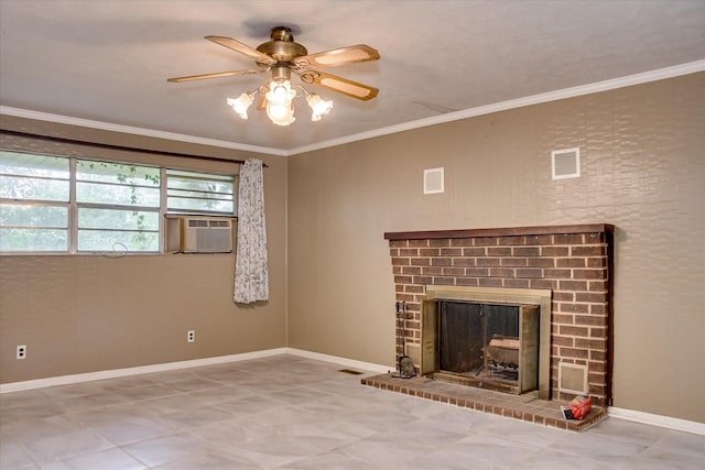 3515 Potomac Dr, Augusta, GA 30906 - unfurnished living room featuring a ceiling fan, cooling unit, a brick fireplace, tile patterned flooring, and baseboards