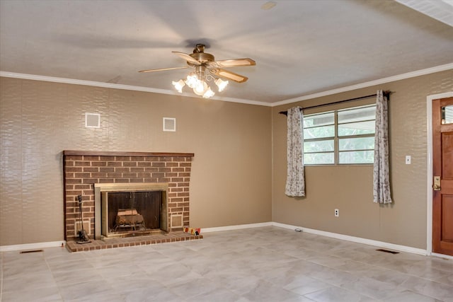 3515 Potomac Dr, Augusta, GA 30906 - unfurnished living room with a ceiling fan, crown molding, baseboards, and a brick fireplace
