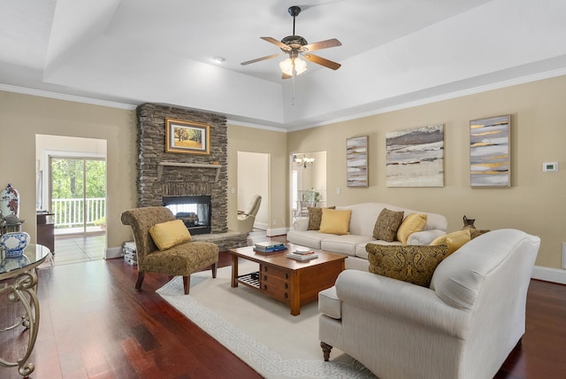 403 Ascot Dr, Aiken, SC 29803 - living area featuring ceiling fan, a raised ceiling, and dark wood-type flooring