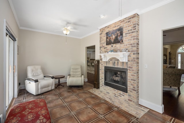 403 Ascot Dr, Aiken, SC 29803 - living area featuring baseboards, a ceiling fan, a fireplace, and ornamental molding