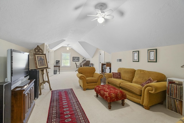 403 Ascot Dr, Aiken, SC 29803 - living room with light colored carpet, ceiling fan, visible vents, and lofted ceiling
