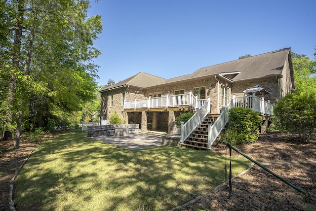 403 Ascot Dr, Aiken, SC 29803 - rear view of house featuring a yard, a patio, a wooden deck, and stairs