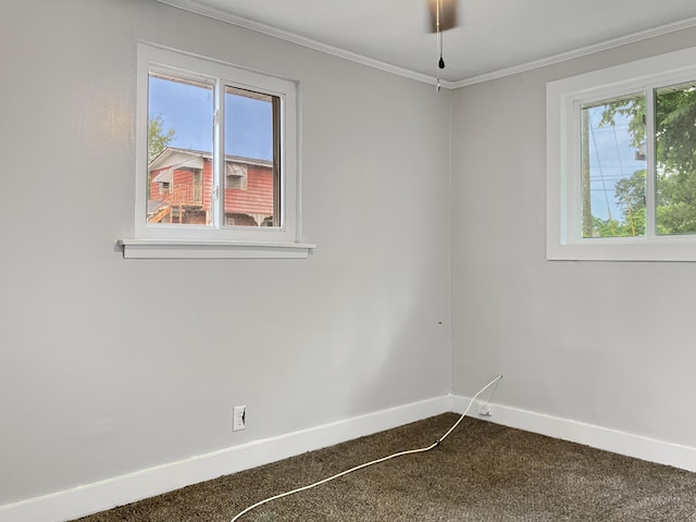 empty room featuring baseboards, dark colored carpet, and crown molding