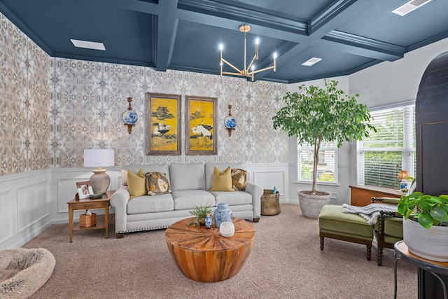 205 Langfuhr Way, North Augusta, SC 29860 - carpeted living room featuring coffered ceiling, a chandelier, beamed ceiling, a decorative wall, and wainscoting