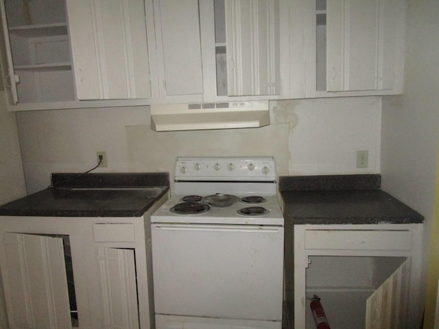 kitchen featuring white cabinetry, white electric stove, and extractor fan