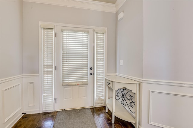 3374 Grove Landing Cir, Grovetown, GA 30813 - doorway to outside featuring dark wood-type flooring, crown molding, and wainscoting