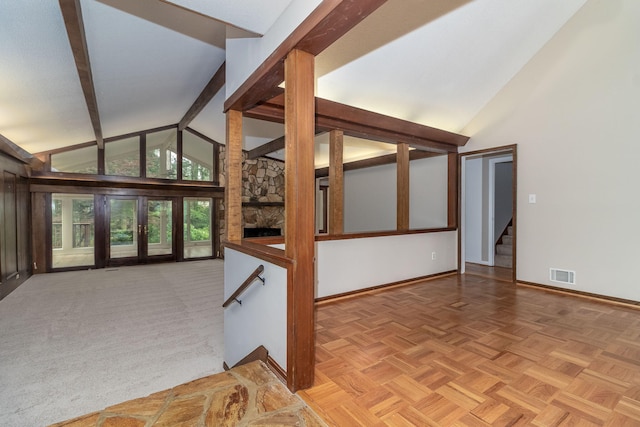 705 Woodgate Ct, Augusta, GA 30909 - empty room featuring high vaulted ceiling, beamed ceiling, and stairs