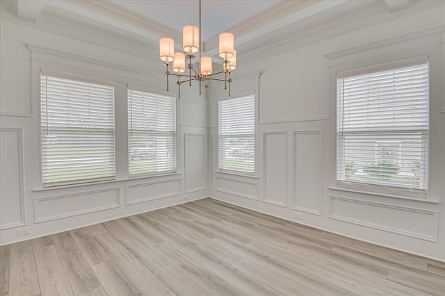 508 Oakley Grv Cir, Evans, GA 30809 - unfurnished dining area with a decorative wall, a chandelier, light wood-type flooring, crown molding, and a wainscoted wall