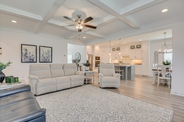 508 Oakley Grv Cir, Evans, GA 30809 - living area with light wood-style flooring, coffered ceiling, beamed ceiling, crown molding, and ceiling fan