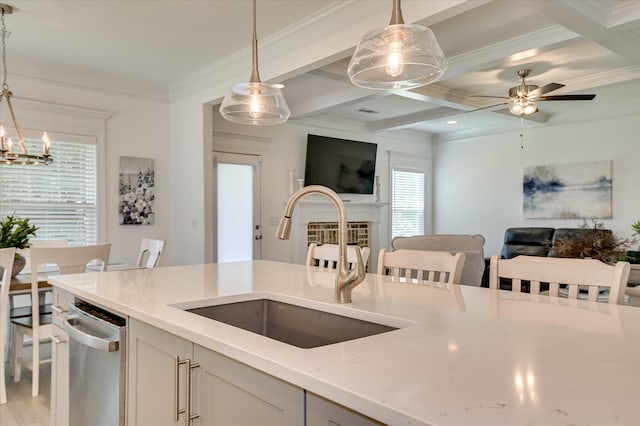 508 Oakley Grv Cir, Evans, GA 30809 - kitchen with coffered ceiling, open floor plan, pendant lighting, light stone countertops, and ceiling fan