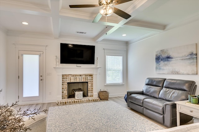 508 Oakley Grv Cir, Evans, GA 30809 - living room with wood finished floors, coffered ceiling, a ceiling fan, beam ceiling, and crown molding