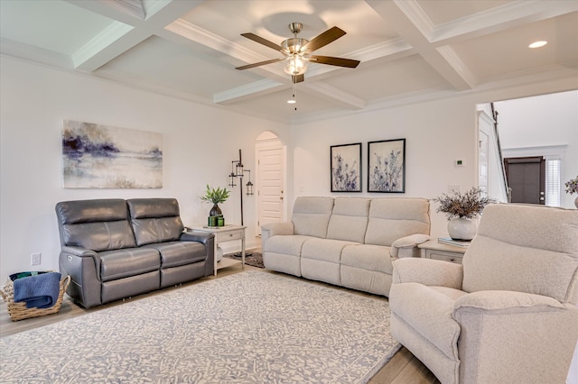 508 Oakley Grv Cir, Evans, GA 30809 - living area with coffered ceiling, wood finished floors, arched walkways, beam ceiling, and ornamental molding