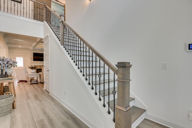 508 Oakley Grv Cir, Evans, GA 30809 - staircase featuring wood finished floors and beamed ceiling