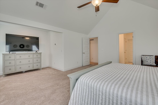 508 Oakley Grv Cir, Evans, GA 30809 - bedroom with high vaulted ceiling, light carpet, and a ceiling fan