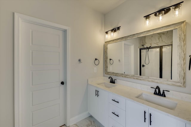 6135 Mottled Duck Dr, North Augusta, SC 29860 - full bath featuring marble look tiles, double vanity, a shower stall, and baseboards