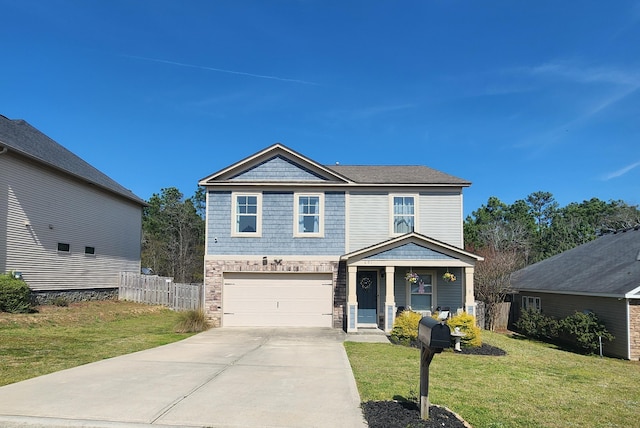 view of front of property featuring driveway, a front lawn, stone siding, fence, and a garage