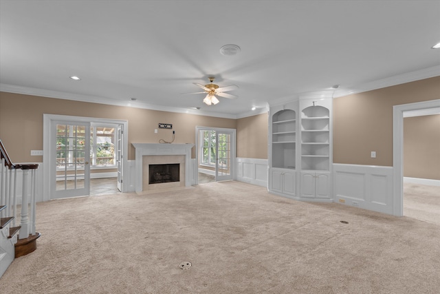 3570 Granite Way, Martinez, GA 30907 - unfurnished living room with carpet flooring, stairway, a ceiling fan, healthy amount of natural light, and ornamental molding