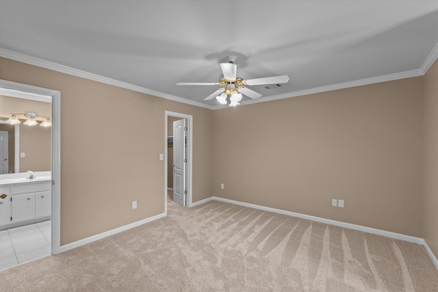 3570 Granite Way, Martinez, GA 30907 - unfurnished bedroom with light carpet, crown molding, connected bathroom, a spacious closet, and a ceiling fan