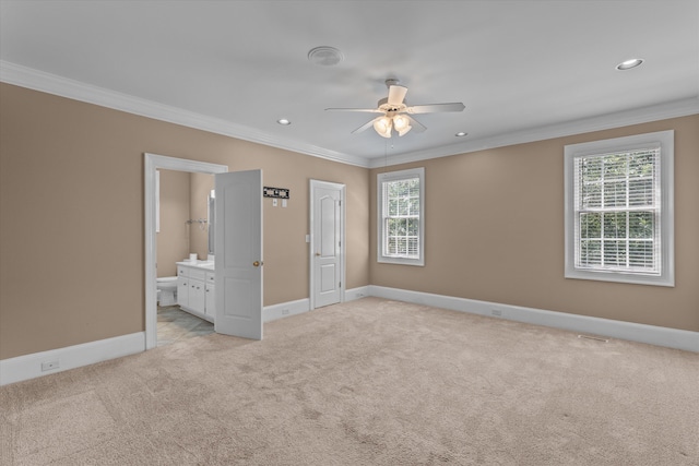 3570 Granite Way, Martinez, GA 30907 - unfurnished bedroom featuring crown molding, light colored carpet, recessed lighting, ensuite bathroom, and ceiling fan