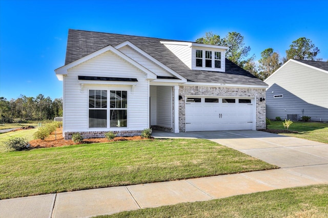 view of front of property with a garage, a front lawn, and cooling unit