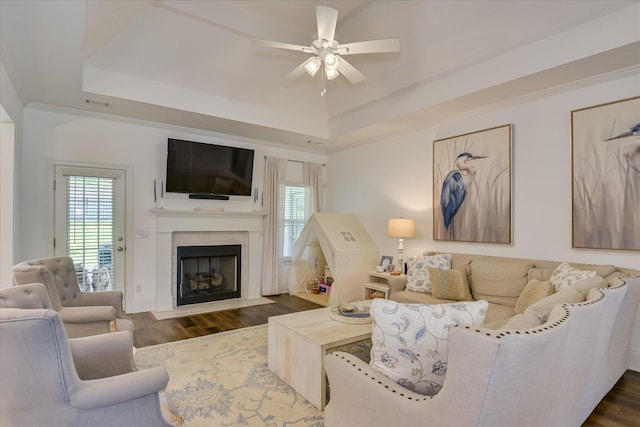 385 Bridle Path Rd, North Augusta, SC 29860 - living area with ceiling fan, a tray ceiling, and plenty of natural light