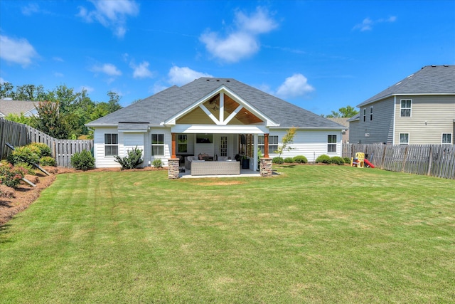 385 Bridle Path Rd, North Augusta, SC 29860 - rear view of property with outdoor lounge area, a fenced backyard, a patio, and roof with shingles