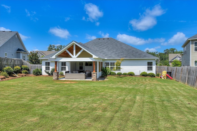 385 Bridle Path Rd, North Augusta, SC 29860 - rear view of house featuring an outdoor hangout area, a fenced backyard, and a patio